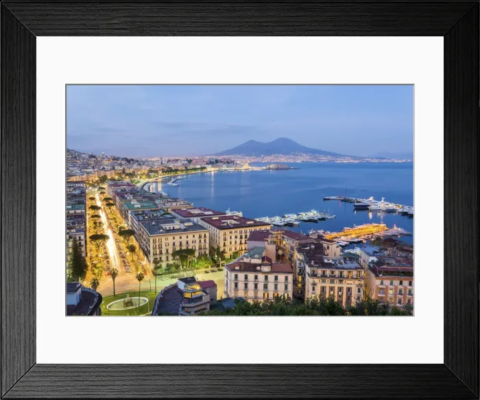 Framed Print : Naples, Campania, Italy. View of the bay by night and Mount Vesuvius Volcano in background Framed Print : Naples, Campania, Italy. View of the bay by night and Mount Vesuvius Volcano in background