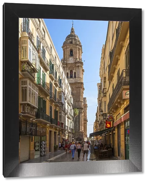 Calle Molina Larion with Cathedral in the old town, Malaga, Costa del Sol, Andalusia