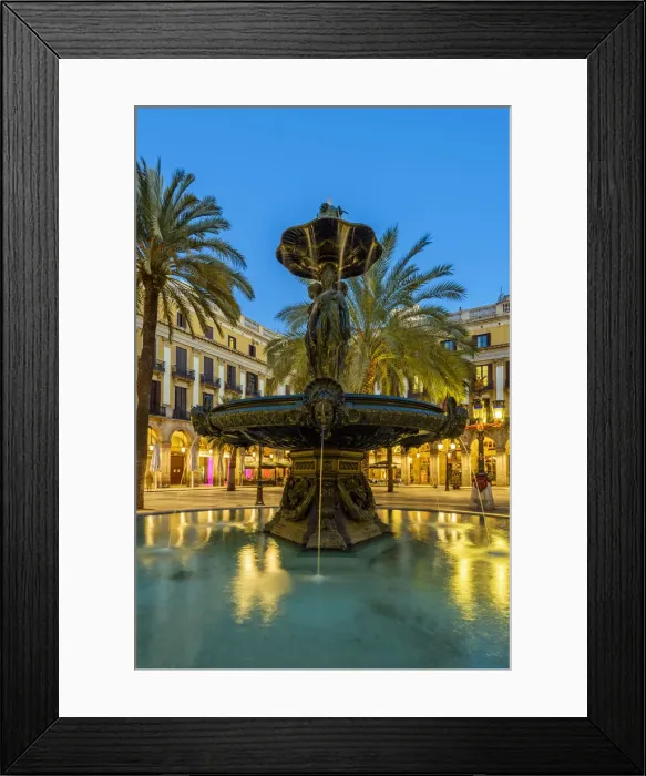 Framed Print : Evening view of the fountain in Plaza Real or Placa Reial, Barcelona, Catalonia, Spain