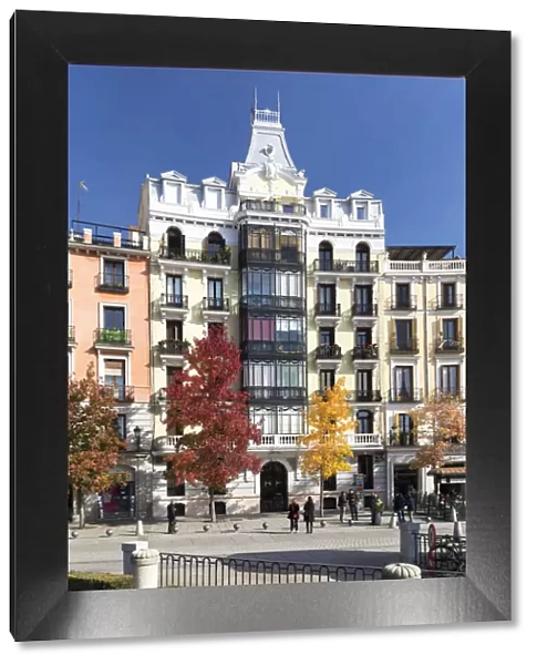 The facade of a typical apartment block in the autumn, Madrid, Comunidad de Madrid, Spain
