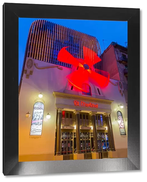 Night view of the famous El Molino cabaret theatre, Barcelona, Catalonia, Spain
