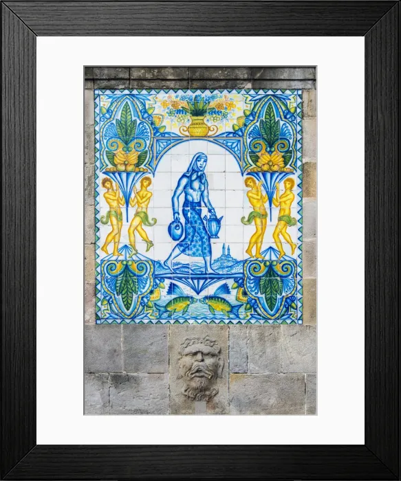 Framed Print : Detail of the old Fuente de Santa Anna fountain with decorated tiles in Barrio Gotico Framed Print : Detail of the old Fuente de Santa Anna fountain with decorated tiles in Barrio Gotico