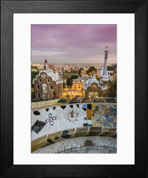 Framed Print : Park Guell with city skyline behind at dusk, Barcelona, Catalonia, Spain Framed Print : Park Guell with city skyline behind at dusk, Barcelona, Catalonia, Spain