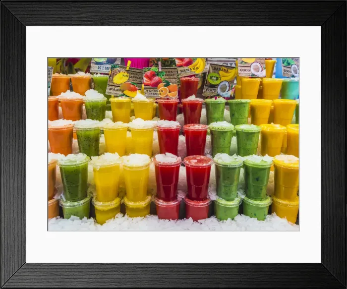 Framed Print : Barcelona, Catalonia, Spain, Southern Europe. Fresh colored juices at the Boqueria Market