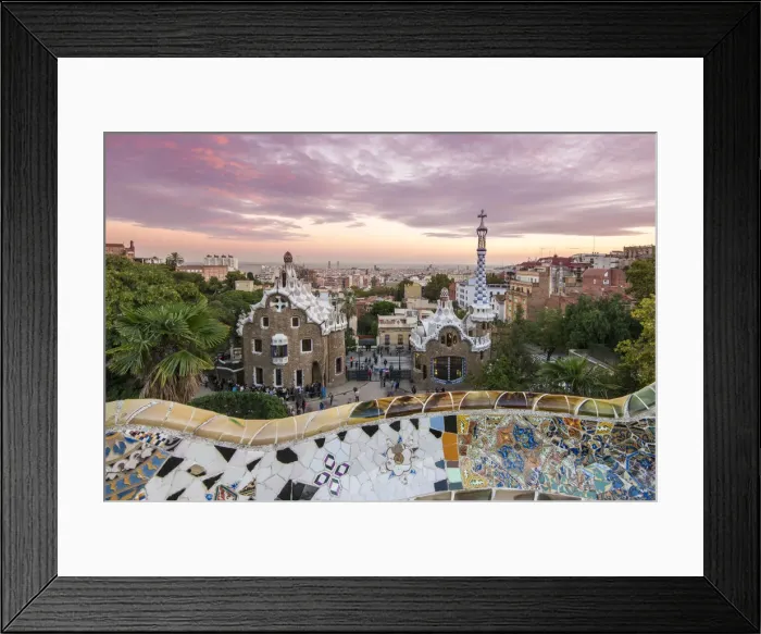 Framed Print : Park Guell with city skyline behind at sunset, Barcelona, Catalonia, Spain Framed Print : Park Guell with city skyline behind at sunset, Barcelona, Catalonia, Spain