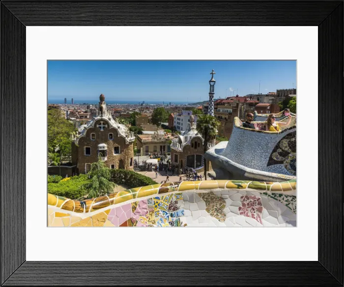 Framed Print : Park Guell with city skyline behind, Barcelona, Catalonia, Spain Framed Print : Park Guell with city skyline behind, Barcelona, Catalonia, Spain