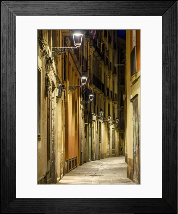 Framed Print : Night view of an empty street in the Gothic Quarter or Barrio Gotico, Barcelona, Catalonia Framed Print : Night view of an empty street in the Gothic Quarter or Barrio Gotico, Barcelona, Catalonia