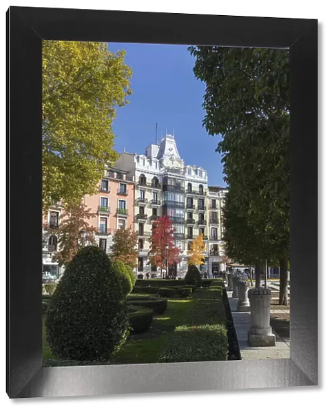 The facade of a typical apartment block in the autumn, Madrid, Comunidad de Madrid, Spain