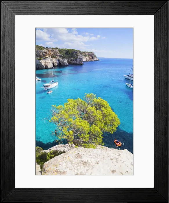Framed Print : View of Cala Mitjana and sailboats, Menorca; Balearic Islands; Spain; Europe Framed Print : View of Cala Mitjana and sailboats, Menorca; Balearic Islands; Spain; Europe