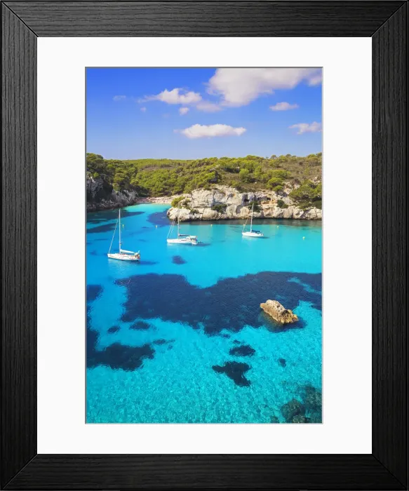 Framed Print : View of Cala Macarelleta and sailboats, Menorca; Balearic Islands; Spain; Europe Framed Print : View of Cala Macarelleta and sailboats, Menorca; Balearic Islands; Spain; Europe