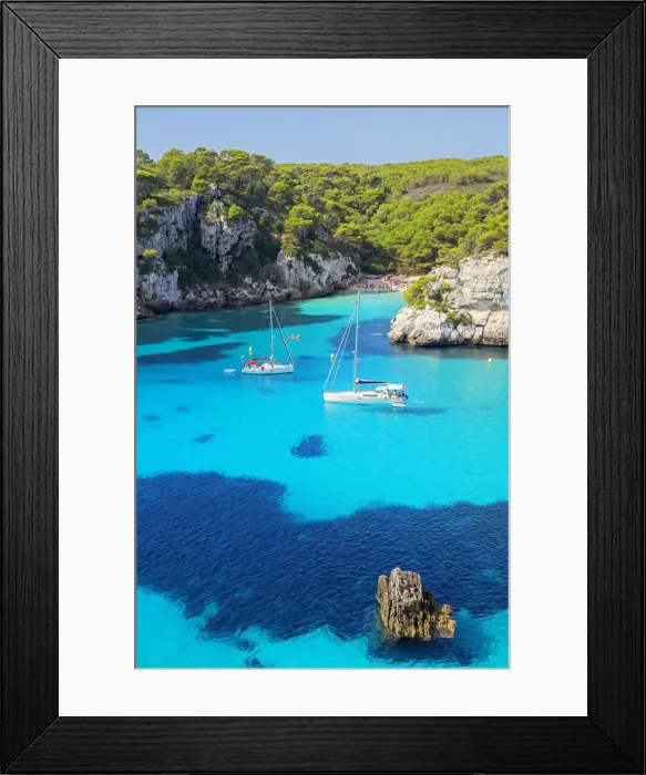 Framed Print : View of Cala Macarelleta and sailboats, Menorca; Balearic Islands; Spain; Europe Framed Print : View of Cala Macarelleta and sailboats, Menorca; Balearic Islands; Spain; Europe