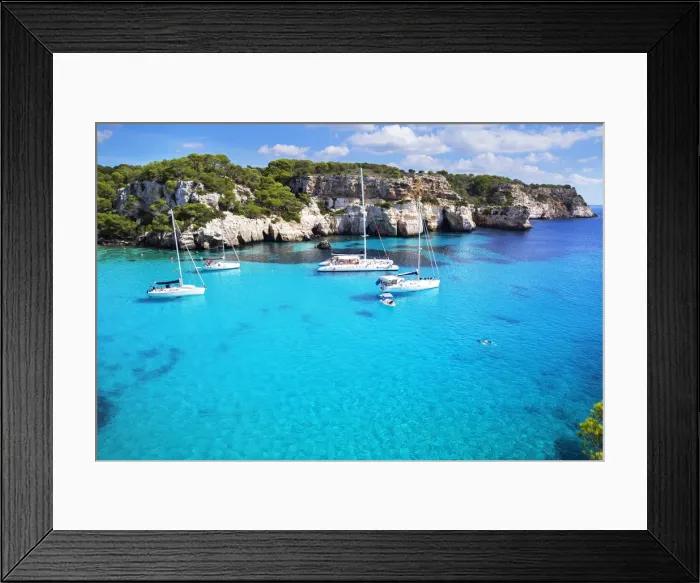 Framed Print : View of Cala Macarella and sailboat, Menorca; Balearic Islands; Spain; Europe Framed Print : View of Cala Macarella and sailboat, Menorca; Balearic Islands; Spain; Europe