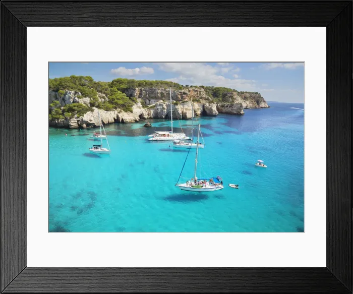 Framed Print : View of Cala Macarella and sailboats, Menorca; Balearic Islands; Spain; Europe