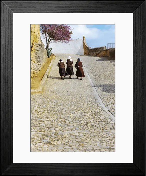 Framed Print : Spain, Andalucia, Malaga Province, Ronda, Three nuns walking up cobbled street Framed Print : Spain, Andalucia, Malaga Province, Ronda, Three nuns walking up cobbled street
