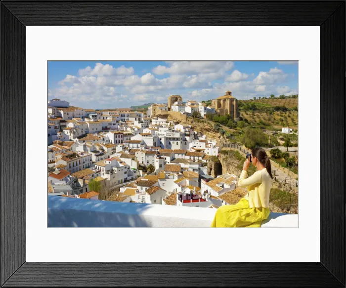 Framed Print : Spain, Andalucia, Setenil, Woman photographing view (MR) Framed Print : Spain, Andalucia, Setenil, Woman photographing view (MR)