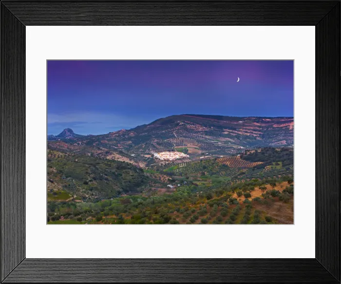 Framed Print : Spain, Andalucia, Cadiz province, Torre Alhaquime, view over valley to town at dusk Framed Print : Spain, Andalucia, Cadiz province, Torre Alhaquime, view over valley to town at dusk