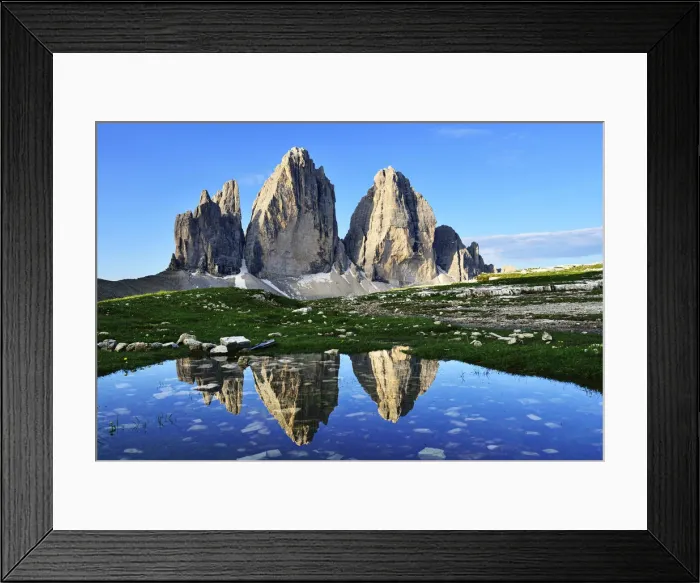 Framed Print : North walls of the Three Peaks reflected in a large puddle, Sexten Dolomites, Alta Framed Print : North walls of the Three Peaks reflected in a large puddle, Sexten Dolomites, Alta