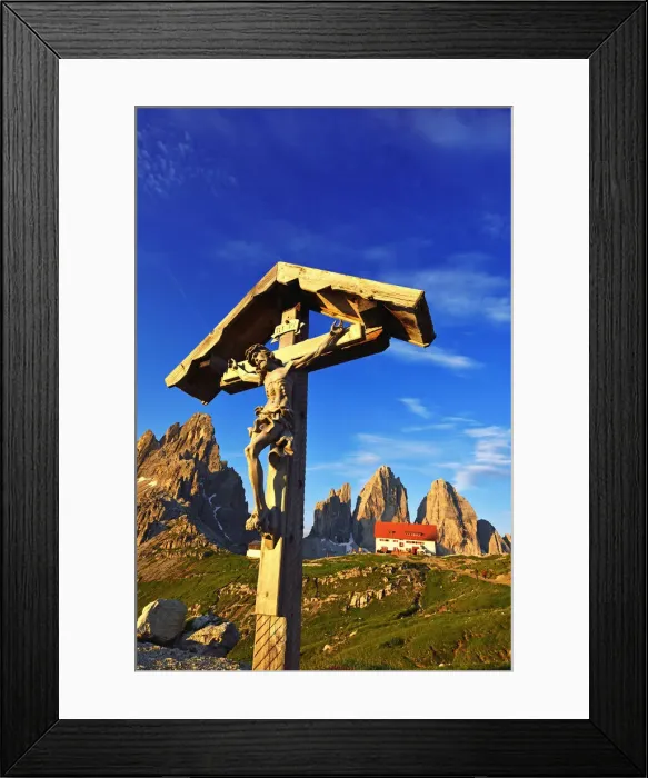 Framed Print : Three Peaks and Monte Paterno with Three Peaks Lodge and Jesus at the crossroads Framed Print : Three Peaks and Monte Paterno with Three Peaks Lodge and Jesus at the crossroads