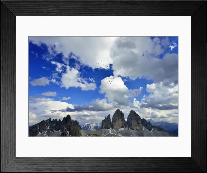 Framed Print : View from Toblinger node to the Paterno and the Three Peaks and a flock of jackdaws Framed Print : View from Toblinger node to the Paterno and the Three Peaks and a flock of jackdaws