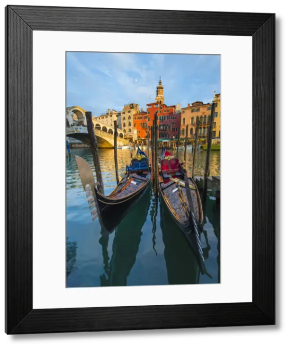 Framed Print : Moored gondolas in front of the Rialto bridge at sunset. Venice, Veneto, Italy Framed Print : Moored gondolas in front of the Rialto bridge at sunset. Venice, Veneto, Italy