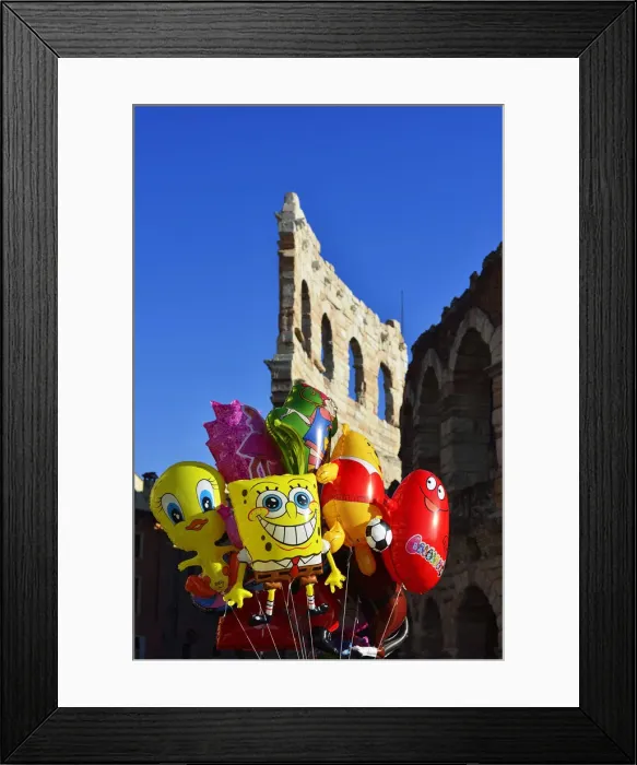 Framed Print : Air balloons float in front of the remains of the outer wall of the arena, Ala, Piazza Framed Print : Air balloons float in front of the remains of the outer wall of the arena, Ala, Piazza