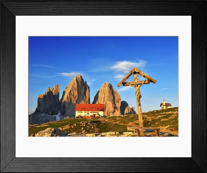 Framed Print : Three Peaks with Three Peaks Lodge and Jesus at the crossroads, Sexten Dolomites Framed Print : Three Peaks with Three Peaks Lodge and Jesus at the crossroads, Sexten Dolomites