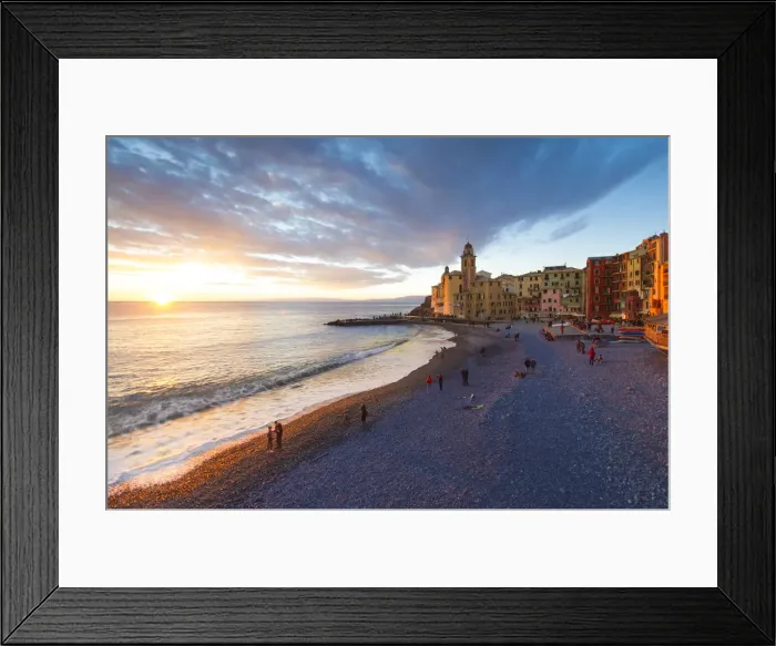 Framed Print : People on the beach and seafront. Camogli, Liguria, Italy Framed Print : People on the beach and seafront. Camogli, Liguria, Italy
