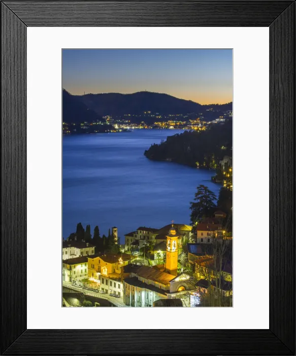 Framed Print : Small towns on the banks of Como lake at dusk. Como, Lombardy, Italy Framed Print : Small towns on the banks of Como lake at dusk. Como, Lombardy, Italy
