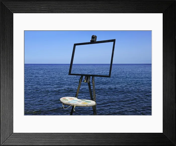 Framed Print : Easel and palette in front of the sea, island of Vulcano, Aeolian, or Aeolian Islands Framed Print : Easel and palette in front of the sea, island of Vulcano, Aeolian, or Aeolian Islands