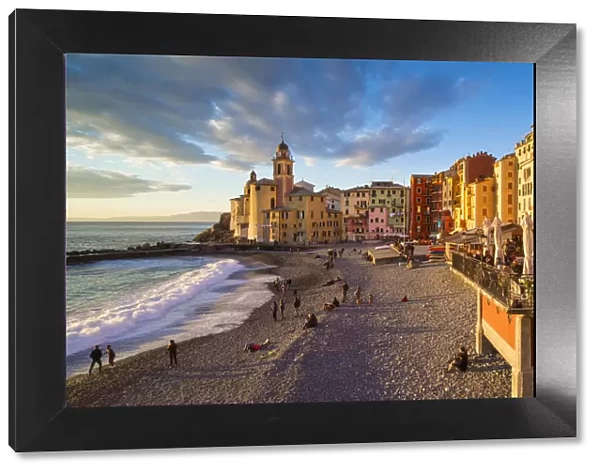 People on the beach and seafront. Camogli, Liguria, Italy