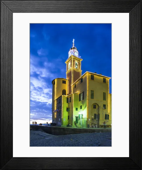 Framed Print : Typical colored houses with light decoration. Camogli, Liguria, Italy