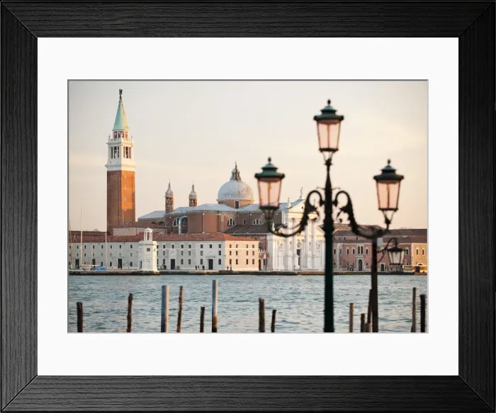 Framed Print : Traditional Venetian lamp with San Giorgio Maggiore in the background, Venice, Veneto