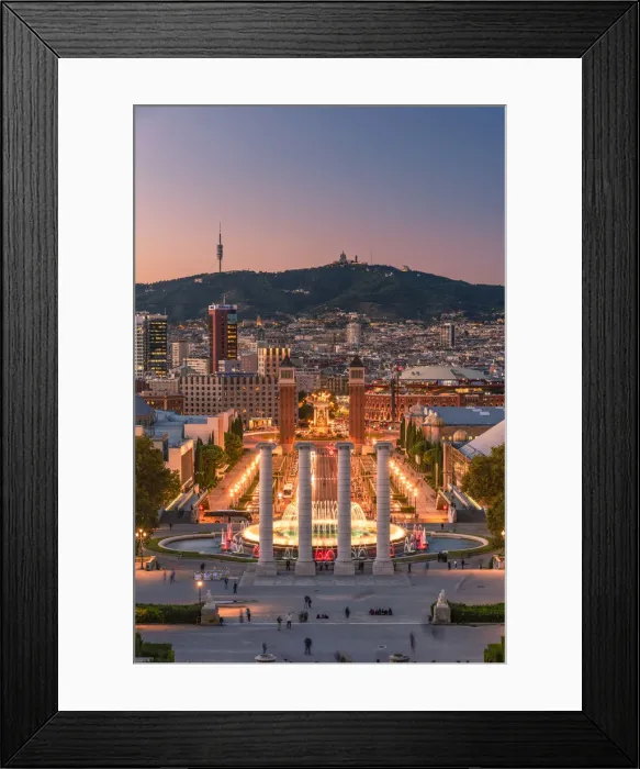 Framed Print : City skyline with Montjuic fountain at dusk, Barcelona, Catalonia, Spain Framed Print : City skyline with Montjuic fountain at dusk, Barcelona, Catalonia, Spain