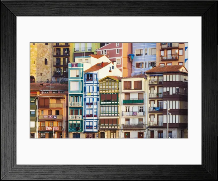 Framed Print : Spain, Vizcaya Province, Basque Country, Bermeo, harbour, close-up of buildings Framed Print : Spain, Vizcaya Province, Basque Country, Bermeo, harbour, close-up of buildings
