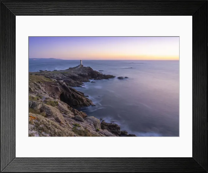Framed Print : Spain, Galicia, Roncuda, overview of bay and lighthouse at dusk Framed Print : Spain, Galicia, Roncuda, overview of bay and lighthouse at dusk