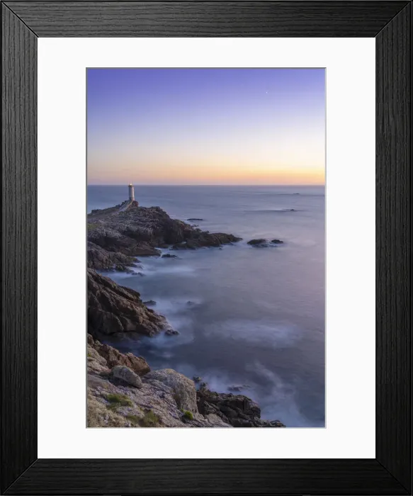 Framed Print : Spain, Galicia, Roncuda, overview of bay and lighthouse at dusk