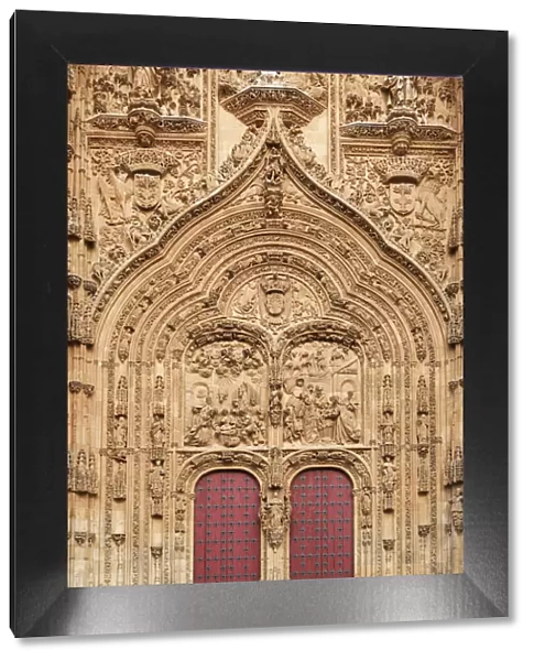 Spain, Castile and Leon, Salamanca, Woman at facade of cathedral, UNESCO World Heritage