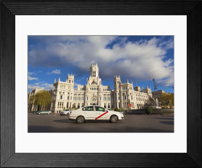 Framed Print : Spain, Madrid, taxi driving past Plaza de Cibeles with fountain and town hall building Framed Print : Spain, Madrid, taxi driving past Plaza de Cibeles with fountain and town hall building