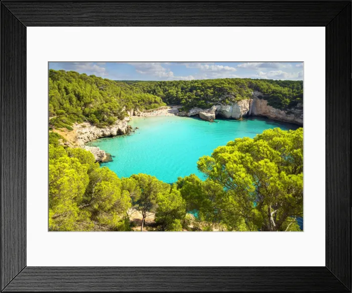 Framed Print : High angle view of Cala Mitjana, Menorca; Balearic Islands; Spain; Europe Framed Print : High angle view of Cala Mitjana, Menorca; Balearic Islands; Spain; Europe