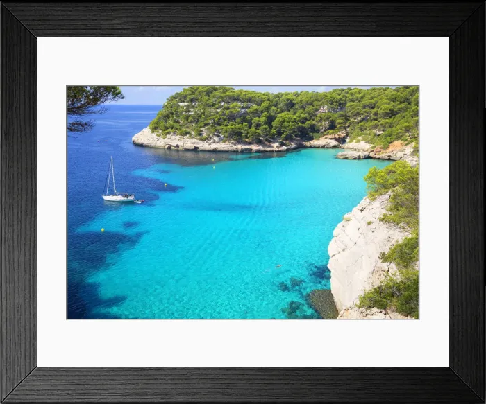 Framed Print : View of Cala Macarelleta and sailboat, Menorca; Balearic Islands; Spain; Europe Framed Print : View of Cala Macarelleta and sailboat, Menorca; Balearic Islands; Spain; Europe