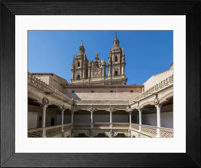 Framed Print : Casa de las Conchas with La Clerecia church in the background, Salamanca, Castile Framed Print : Casa de las Conchas with La Clerecia church in the background, Salamanca, Castile