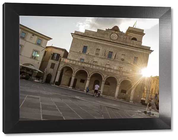 europe, Italy, Umbria. Piazza and palazzo comunale of Montefalco at sunset
