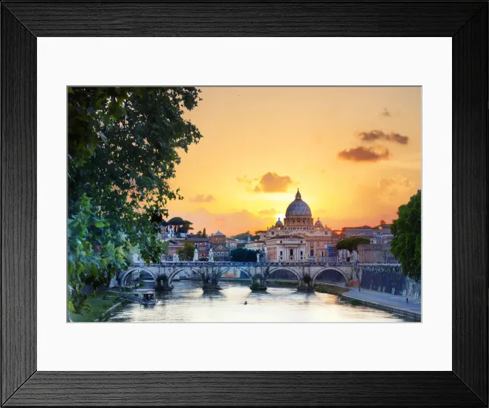Framed Print : Italy, Rome, St. Peter Basilica at sunset reflecting on Tevere river