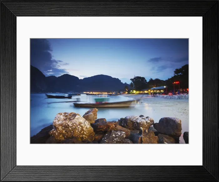 Framed Print : Long tail boats on Ao Ton Sai beach at dusk, Ko Phi Phi Don, Thailand Framed Print : Long tail boats on Ao Ton Sai beach at dusk, Ko Phi Phi Don, Thailand