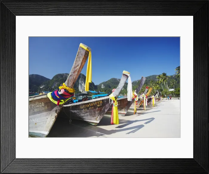 Framed Print : Long tail boats on Ao Ton Sai beach, Ko Phi Phi Don, Thailand