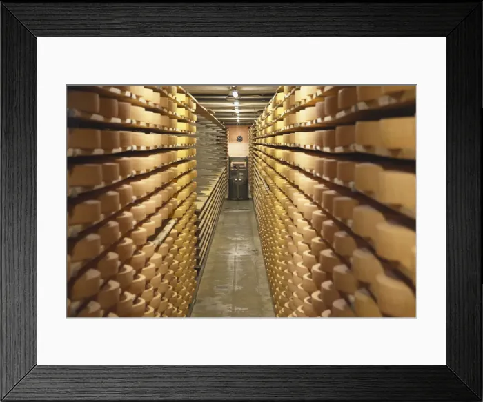 Framed Print : Gruyere cheese in cellar at La Maison du Gruyere, Gruyeres, Fribourg, Switzerland