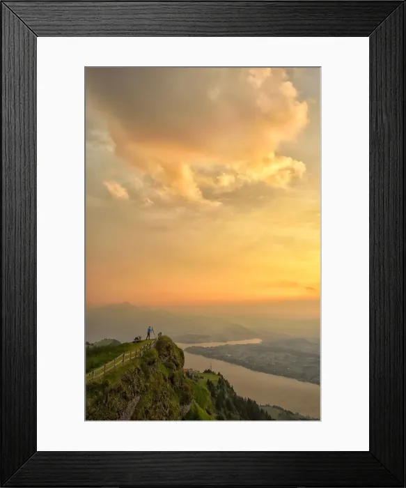 Framed Print : Photographer at sunset over lake Zug, On top of Mount Rigi, Switzerland, North-Eastern