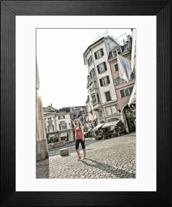 Framed Print : Girl walking on Munzplatz, Zurich, Switzerland, Europe Framed Print : Girl walking on Munzplatz, Zurich, Switzerland, Europe