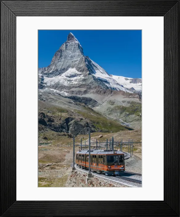 Framed Print : A train of the Gornergratbahn rack railway with Matterhorn behind, Zermatt, Valais Framed Print : A train of the Gornergratbahn rack railway with Matterhorn behind, Zermatt, Valais