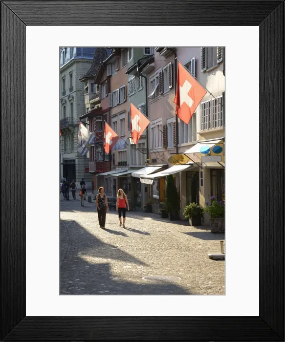 Framed Print : Two women walking in Augustinergasse, Zurich, Switzerland, Europe